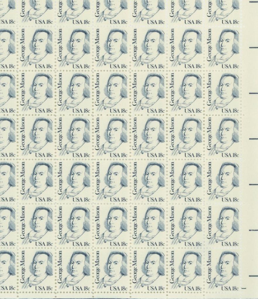 US SCOTT 1858 PANE OF 100 GEORGE MASON US POSTAGE STAMPS 18 CENT FACE MNH