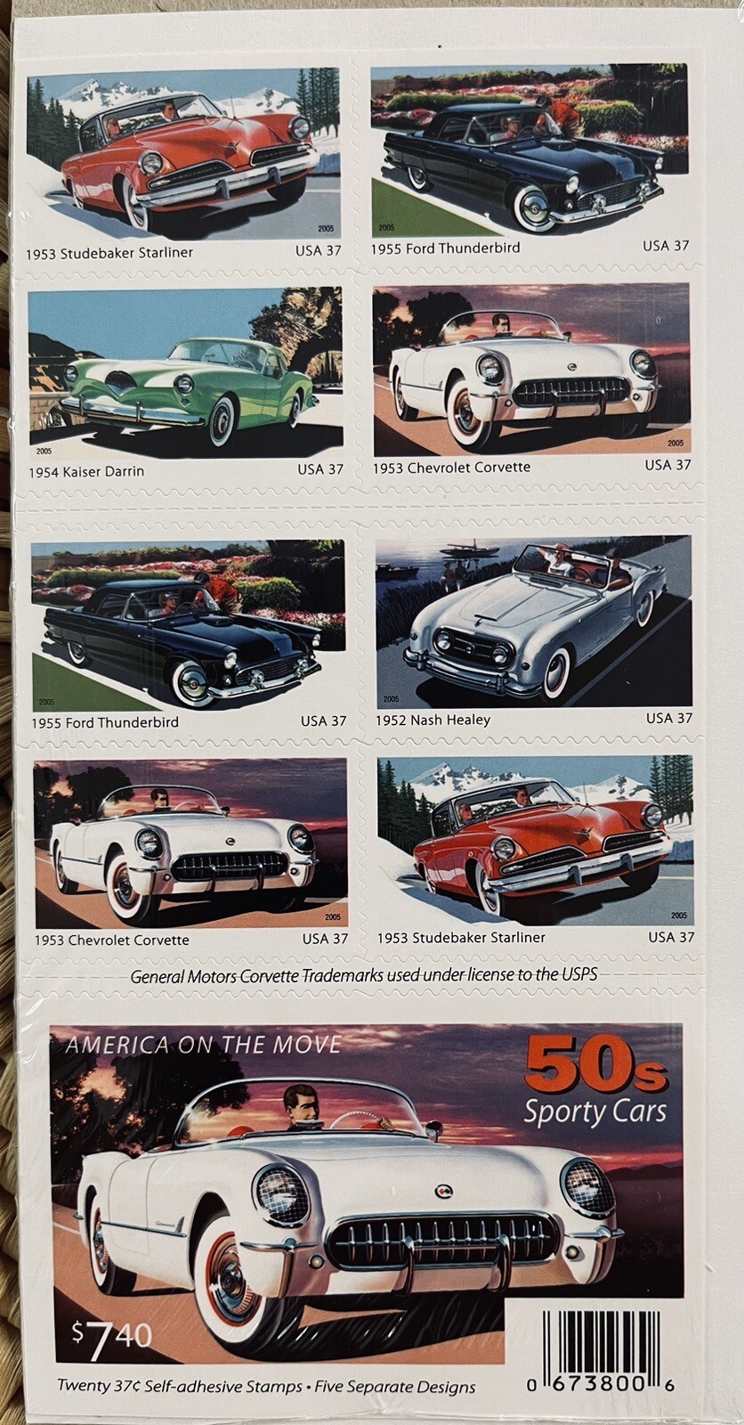 2005 US AMERICA ON THE MOVE 50’s SPORT CARS 2 PANES /BOOKLETS OF 20 STAMPS 37c