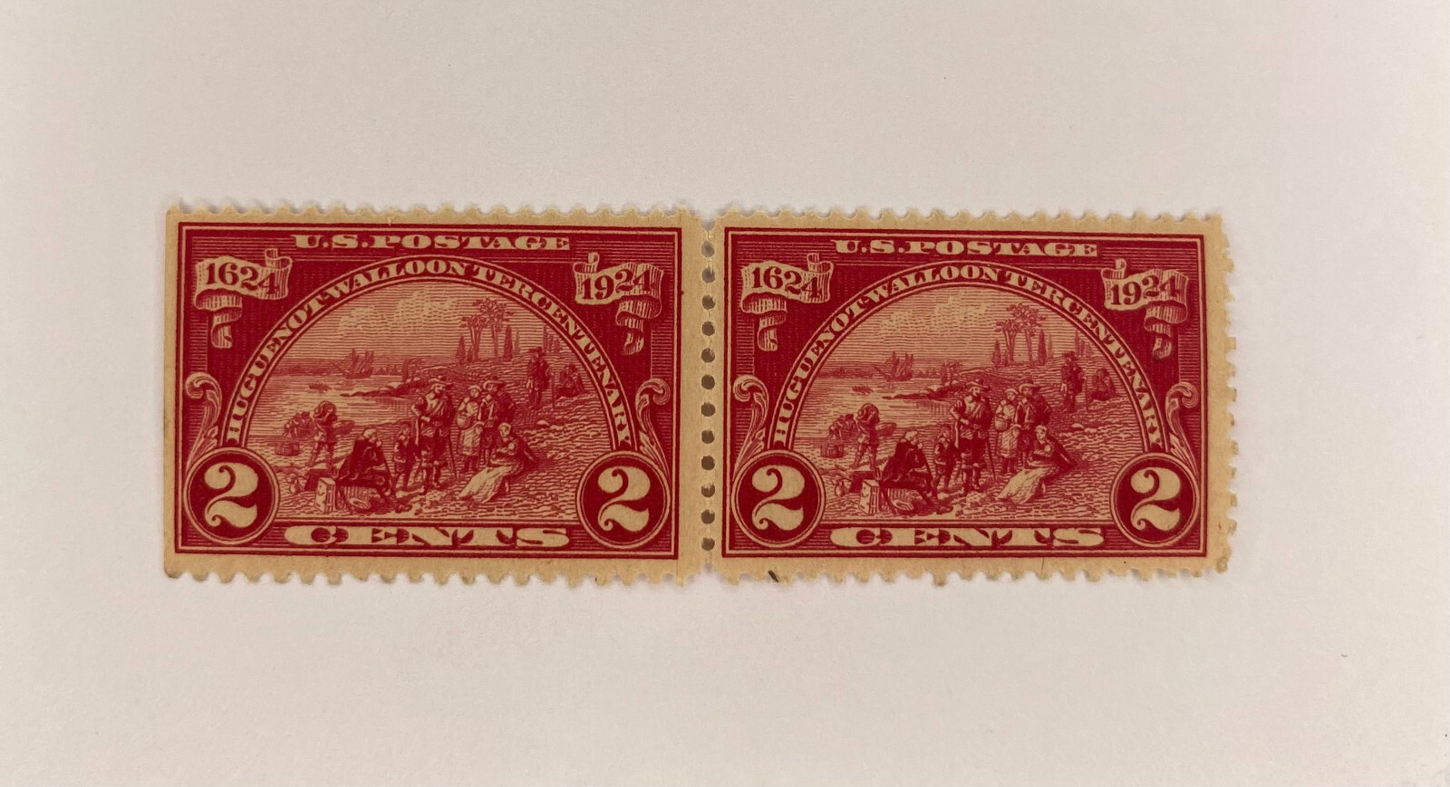 US Scott #615 2 cent Pair stamps red US Postage 1924 Landing at Ft Orange J035
