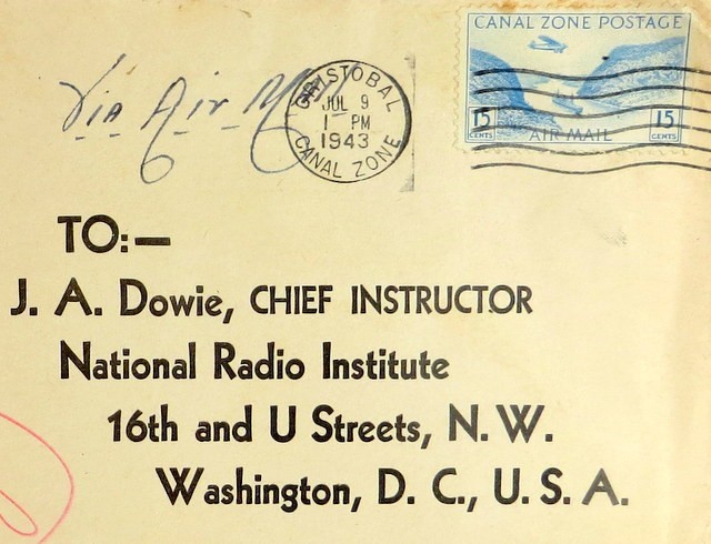 NATIONAL RADIO INSTITUTE 1943 WWII PANAMA CANAL ZONE STUDENT PAPER COVER STAMP