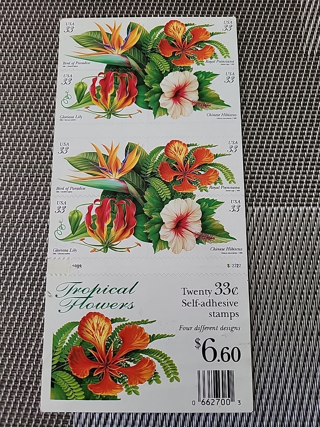One Booklet Panes x 20 of TROPICAL FLOWERS 33¢ US Postage Stamps 3310-3313