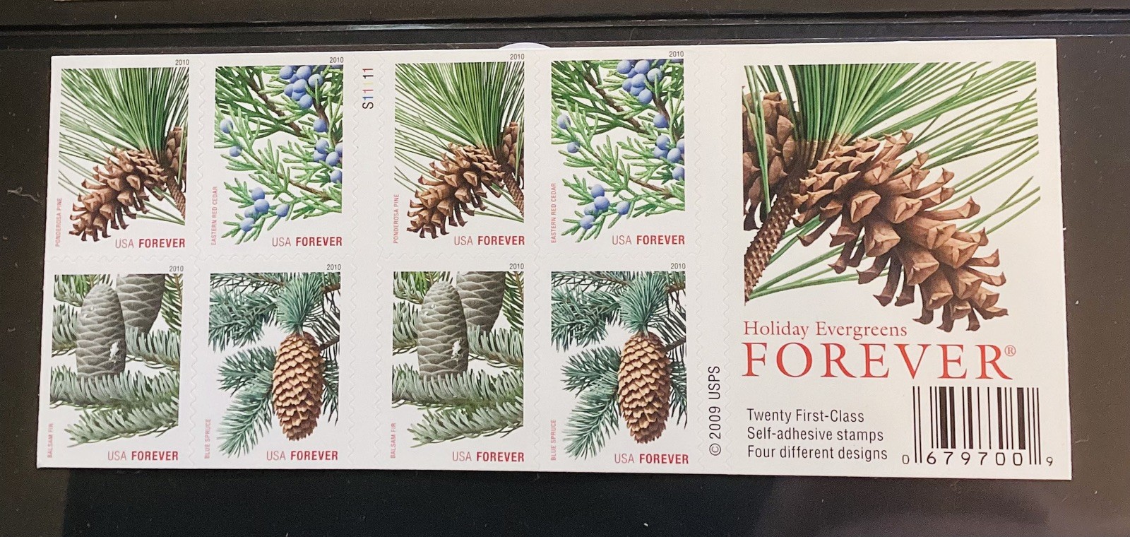 Book Of 20 Unused US Post Forever First Class Stamps Evergreens Pine Cone Trees