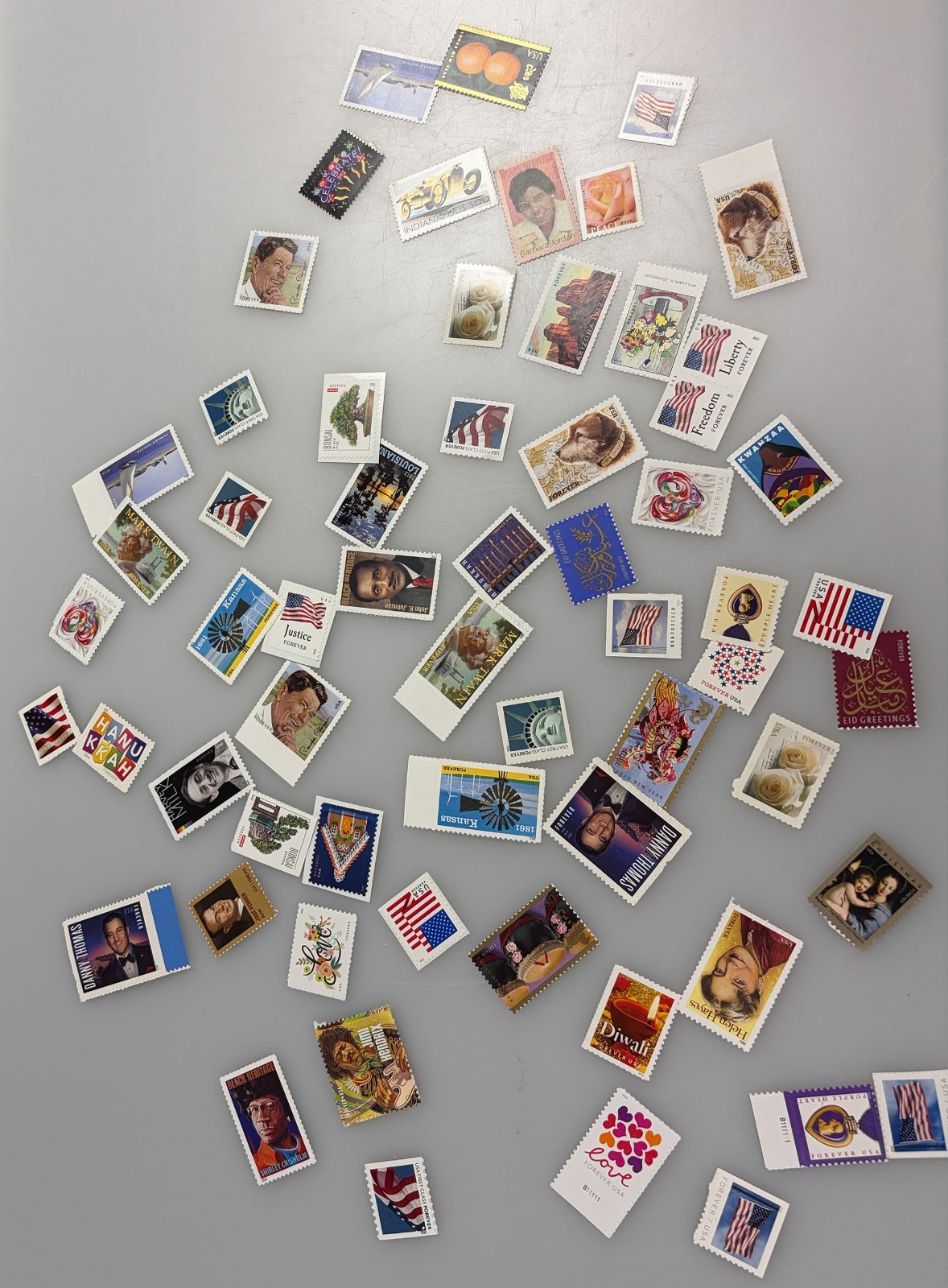 Large Lot of USPS Forever Stamps, Wide Variety of 1,127 Stamps, Face Value: $879