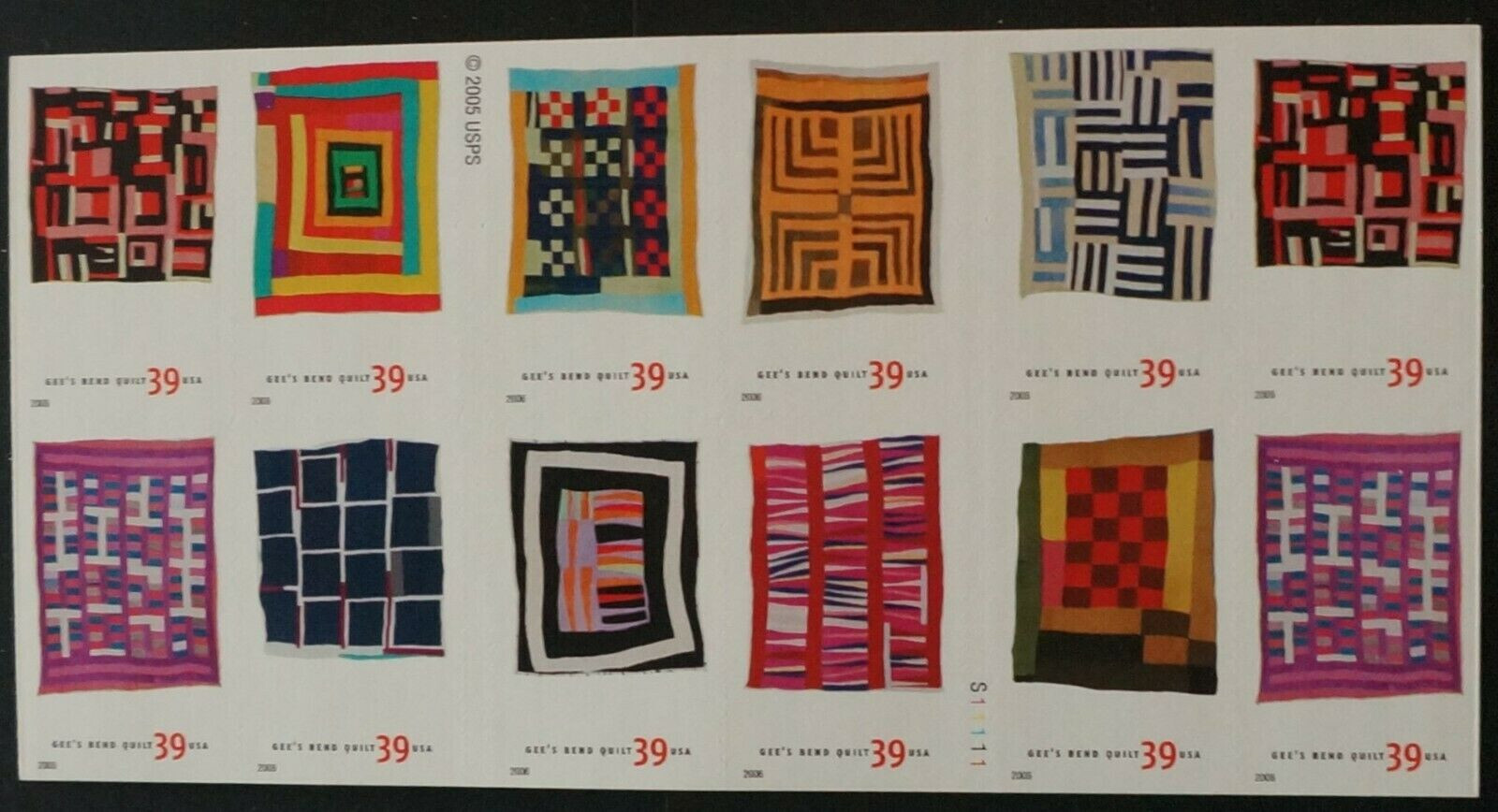 One (1) Booklet of 20 QUILTS OF GEE’S BEND 39¢ US Postage Stamps. Sc # 4089-4098