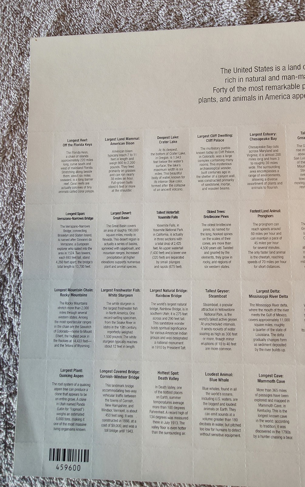 Lot – 2 USPS Stamps Sheets: WONDERS OF AMERICA 39¢ & GREETINGS FROM AMERICA 34¢