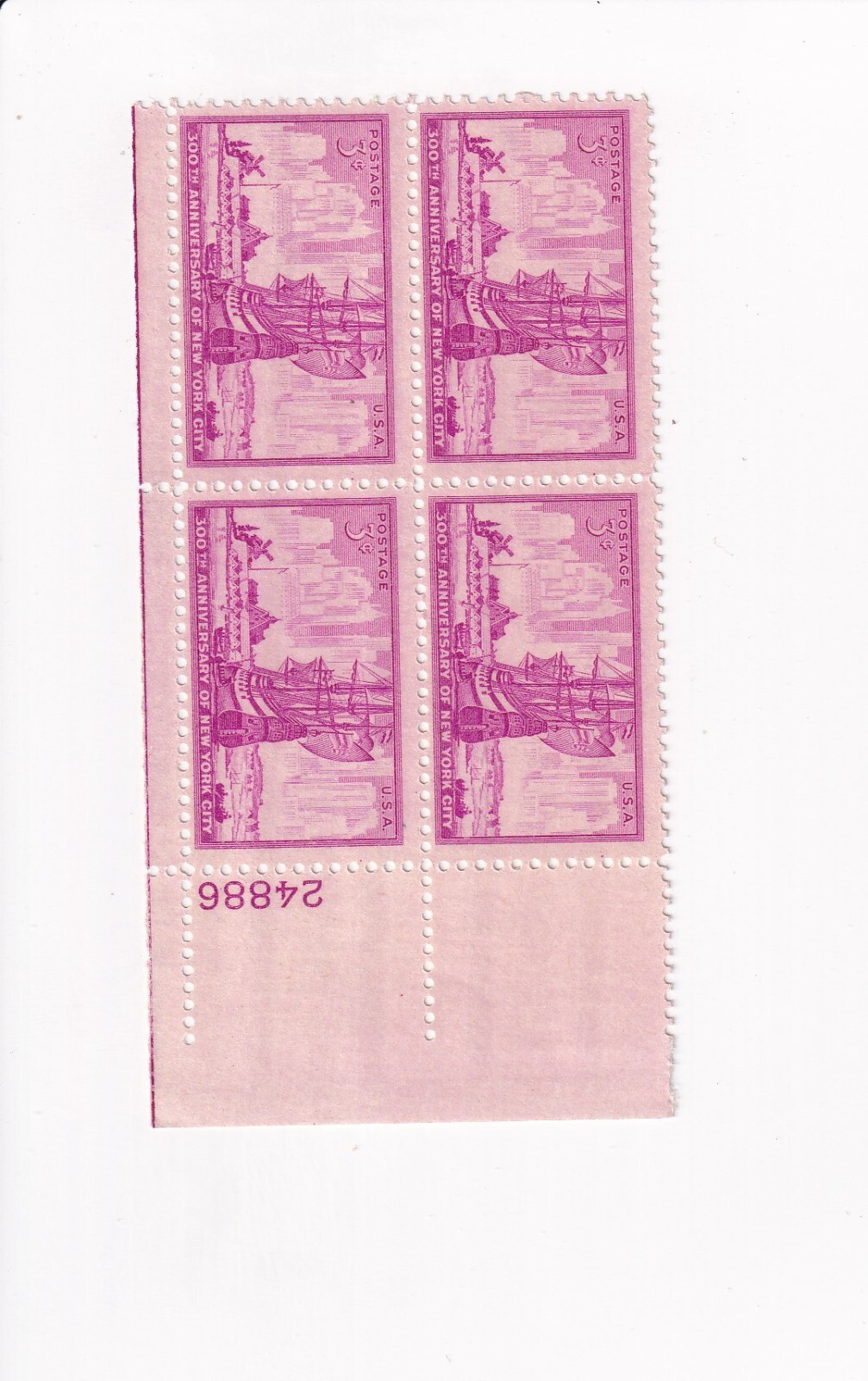 US Postage STAMPS 3c 3 CENT PB PLATE BLOCK 300th ANNIVERSARY OF NEW YORK CITY