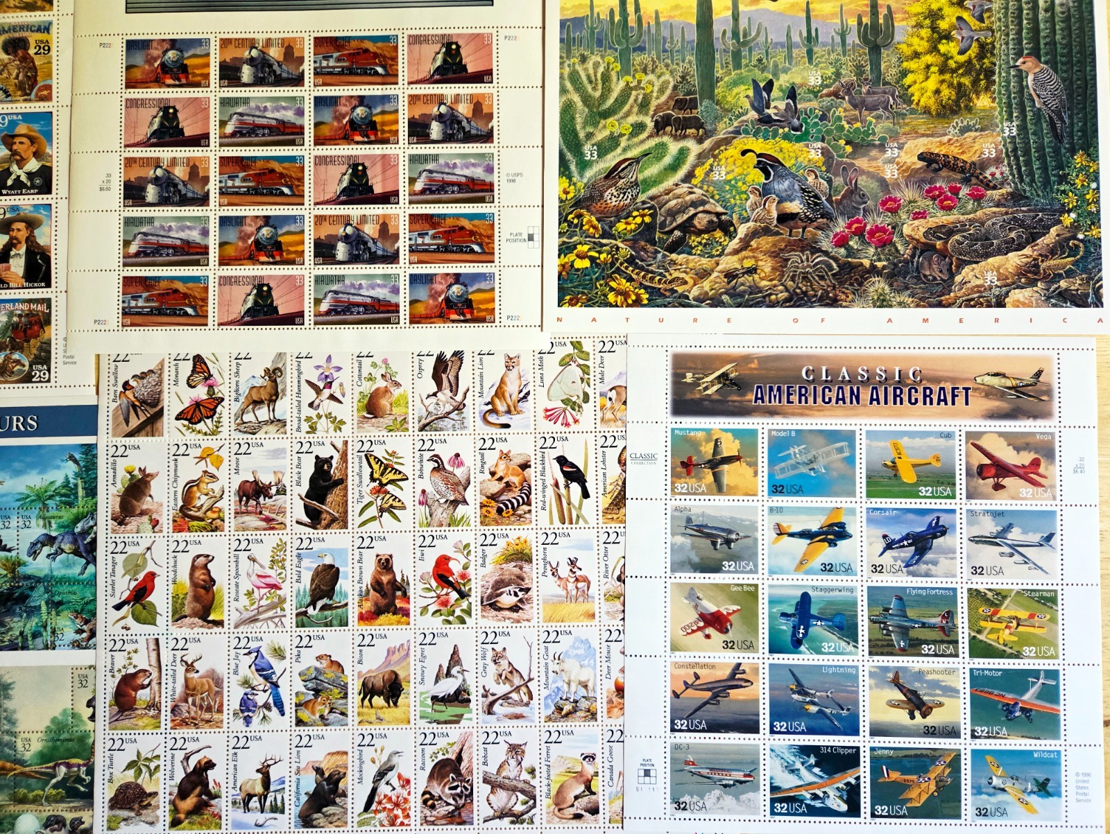 US Stamps – 8 sheets Trains/Dinosaurs/Space/Aircraft/Animals (Face Value $54.50)