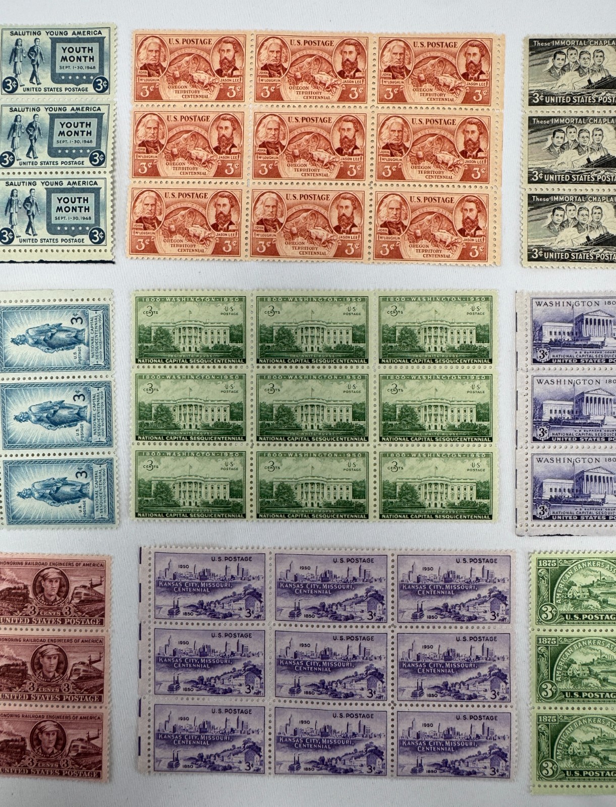 Lot of 9 Mint US Plate Blocks 1948–1950 American History, National Landmarks
