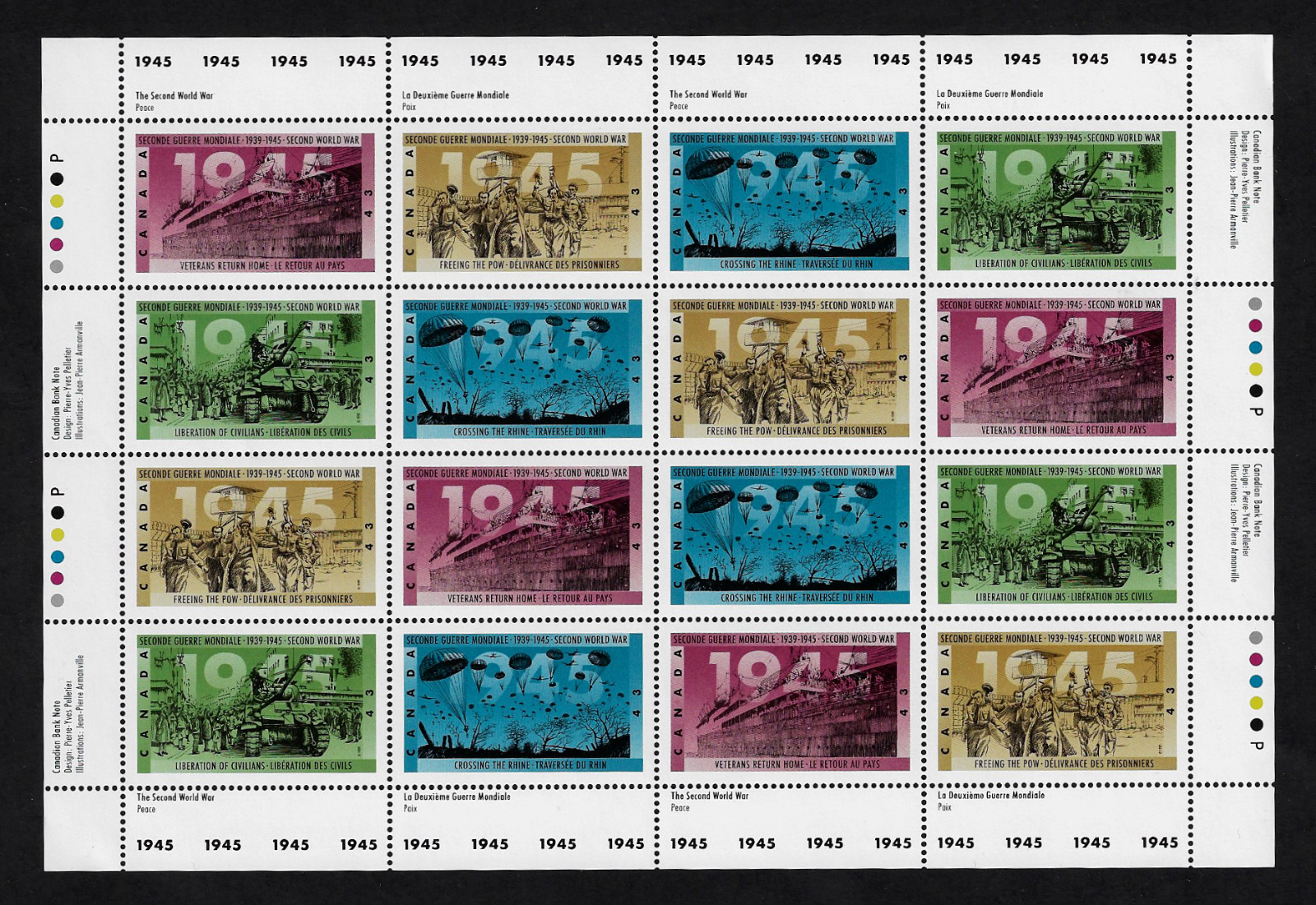 Canada – Full Pane of 16 – 2nd World War – 1944, Victory in Sight #1541-1544 MNH
