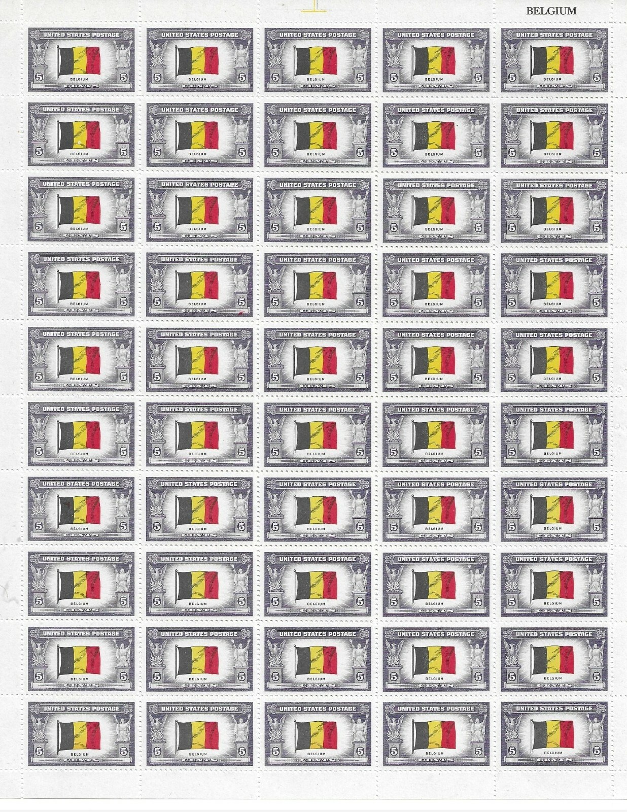 United States Scott # 914 Belgium Overrun Countries Issue Uncut Stamp Sheet MNH