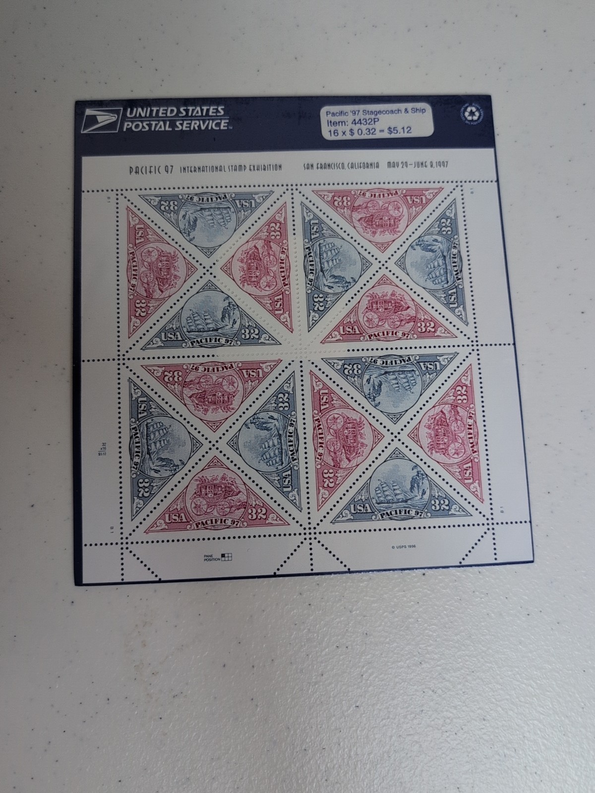 1997 US Scott 3130 – 3131 PACIFIC 97 Sailing Ship & Stagecoach Sheet of 16 MNH