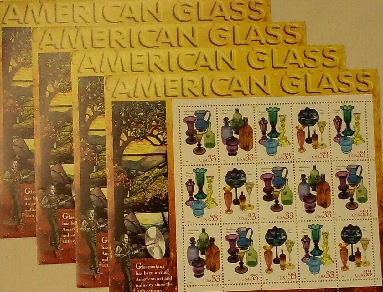 Four Souvenir Sheets x 15 = 60 of AMERICAN GLASS 33¢ US Stamps USA Sc# 3325-3328