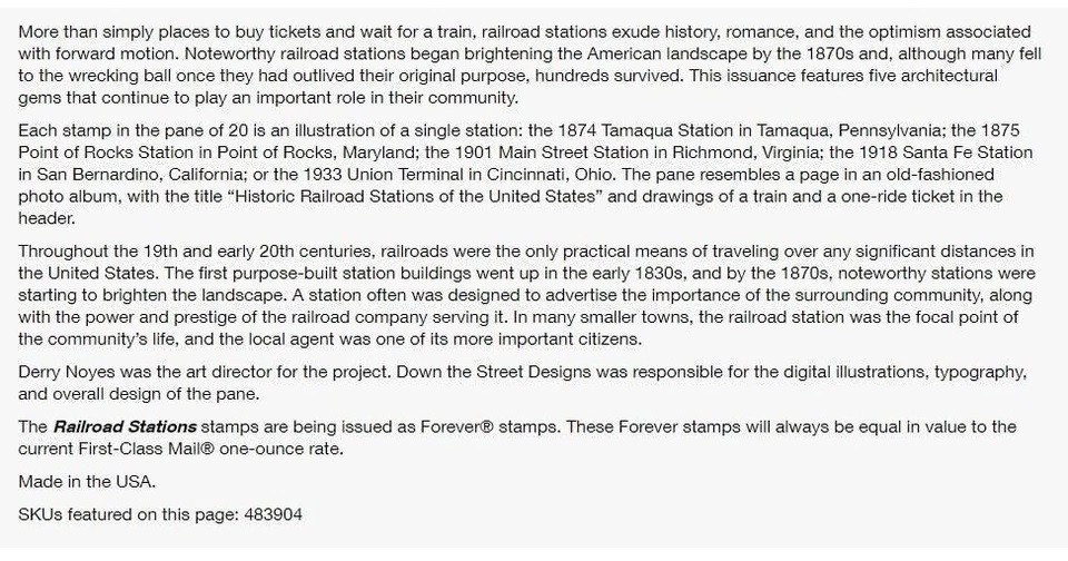 Railroad Stations (2 Sheets of 20) Forever Postage Stamps 2023 Scott #5758-5762