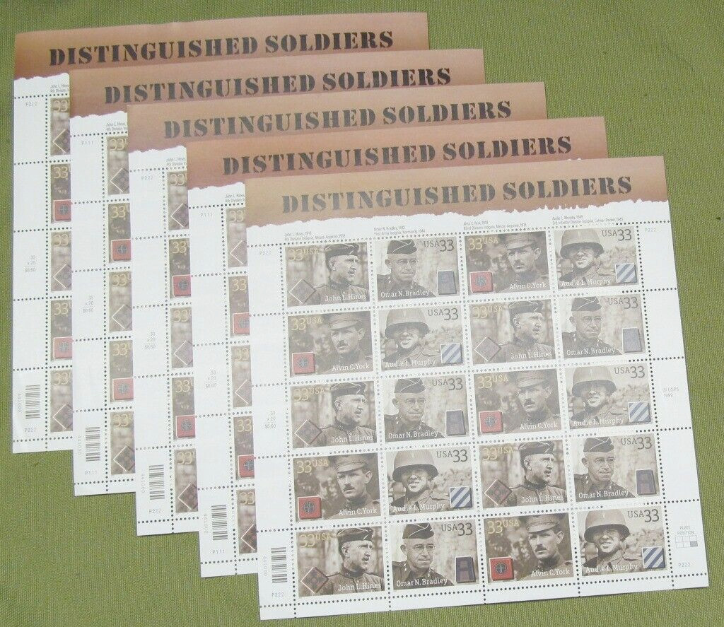 Four Sheets x 20 = 80 of DISTINGUISHED SOLDIERS 33¢ US Stamps USA Sc # 3393-3396