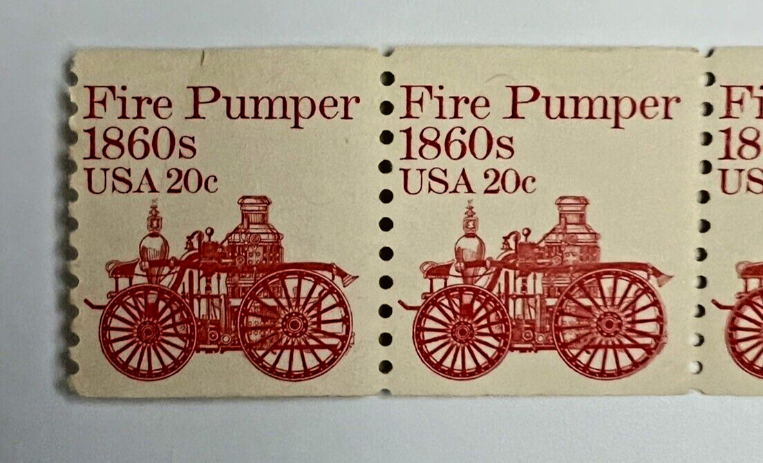 SCOTT #1908 FIRE PUMPER 1860s 20¢ – PL#7 – STRIP OF FOUR STAMPS – COLOR ERROR