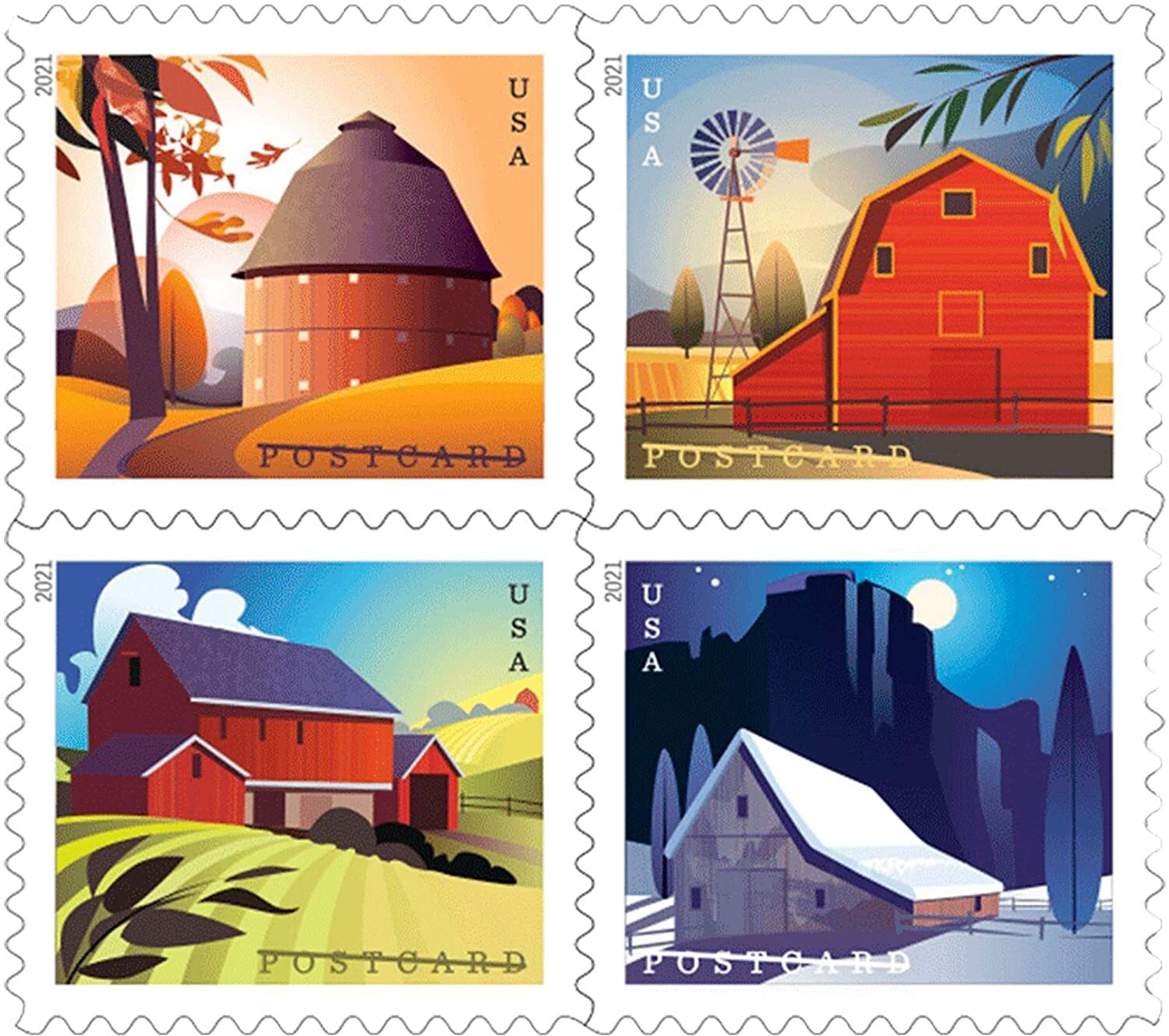 100 Self Adhesive Forever Postcard Stamps American Barns Seasons Roll