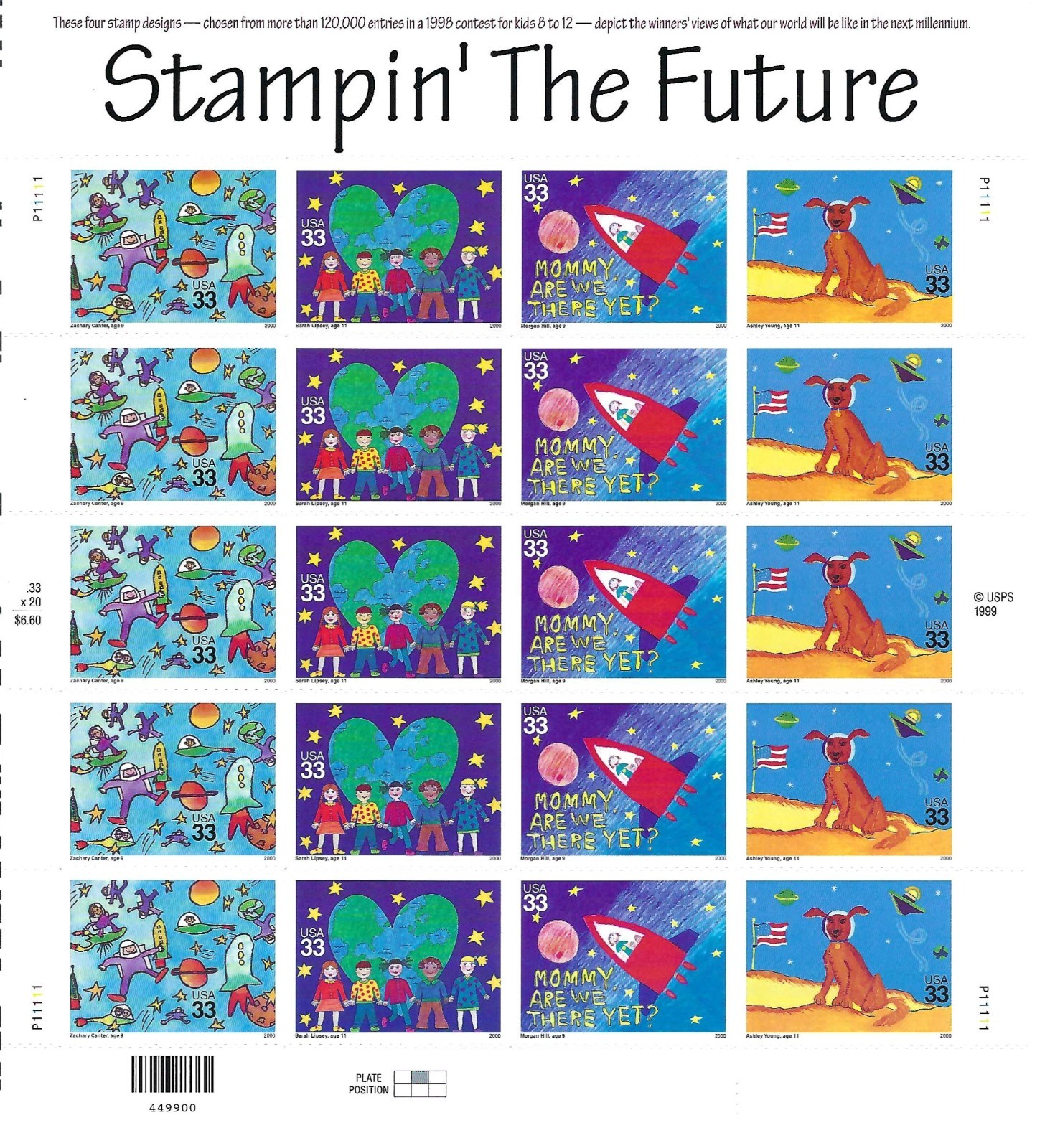USPS Scott 3414 – 3417a STAMPIN THE FUTURE Pane of 20 33 cent stamps MNH