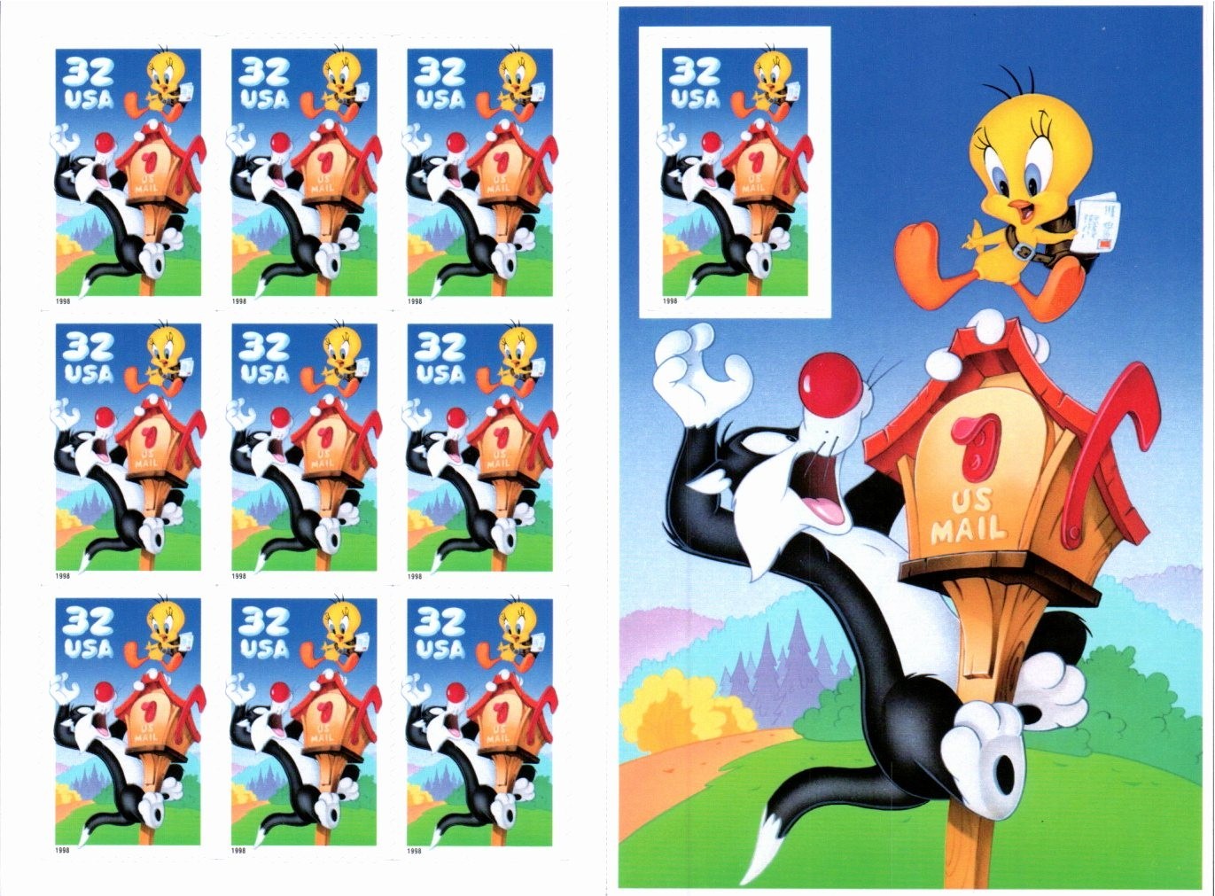 Scott#: 3204 Sylvester & Tweety Bird Pane of 10×32¢ 1998 Stamps – Lot 13