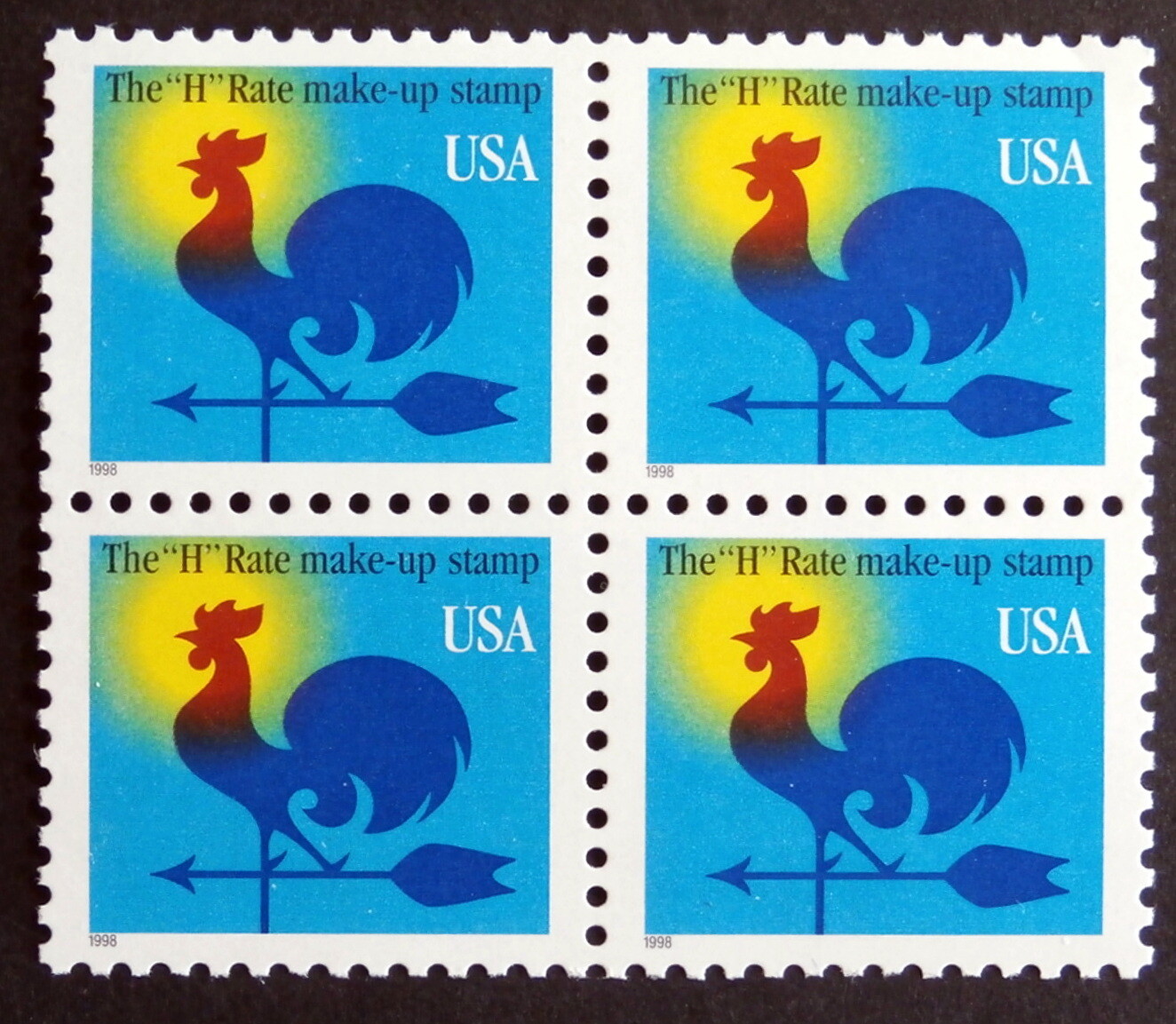 USA 1998 : Weather Vane, Blue “H” Rate Stamp , Scott #3258 block