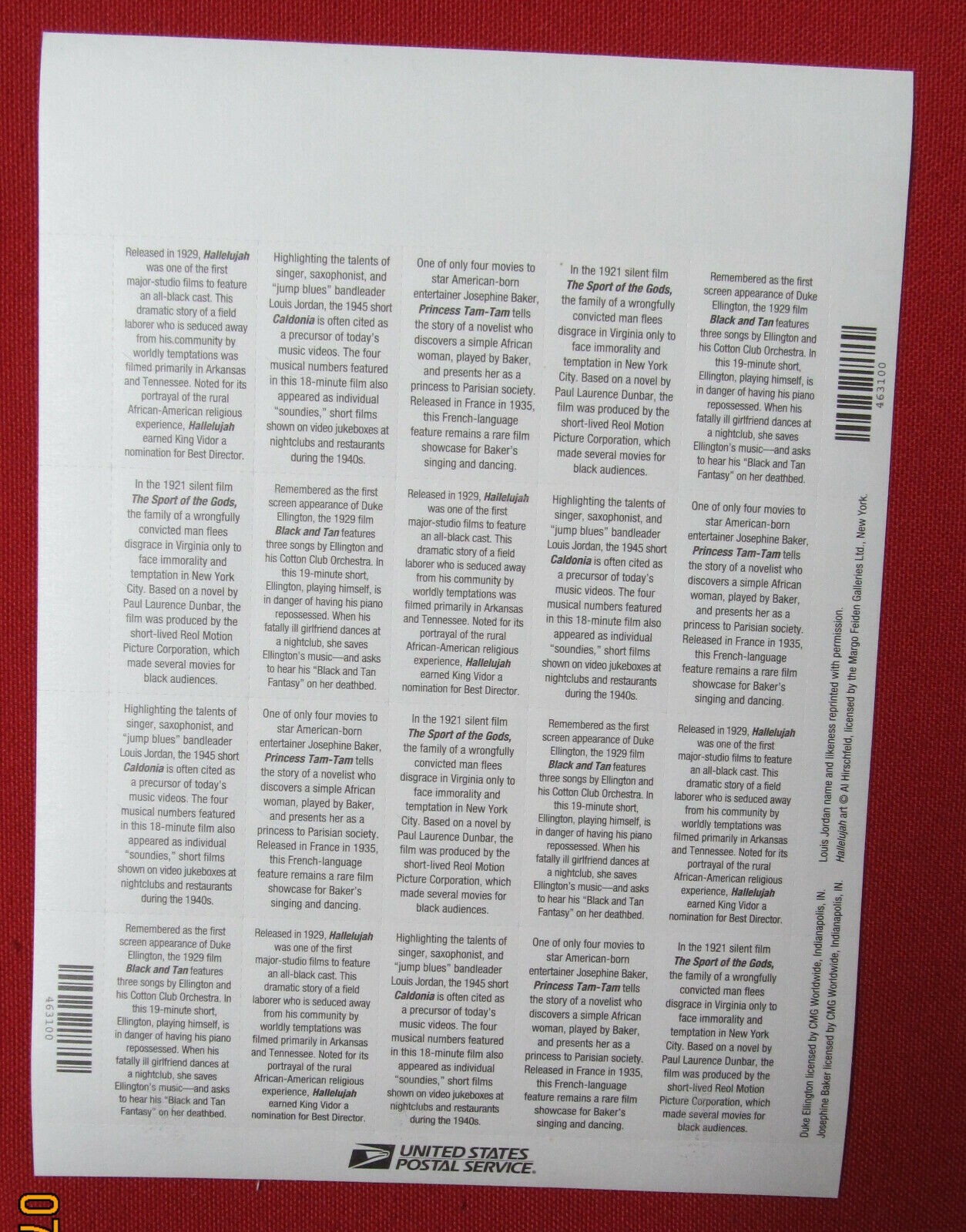 Three Sheets x 20 = 60 Of Vintage BLACK CINEMA 42¢ US USA Stamps. Sc # 4336-4340