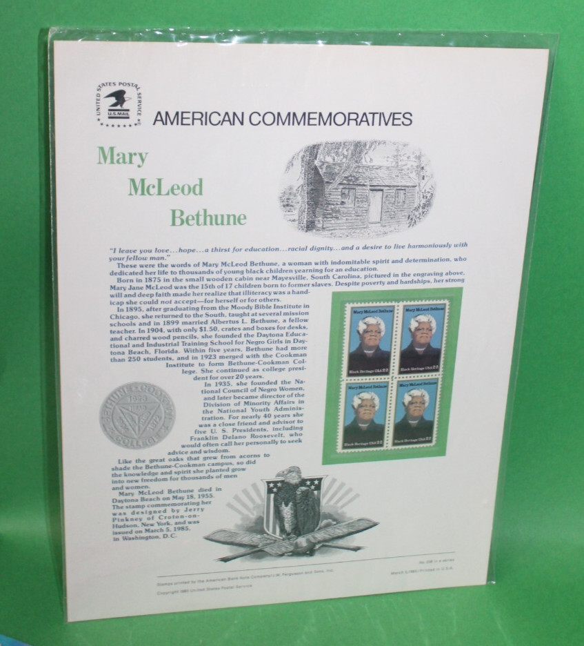 American Commemoratives Mary McLeod Bethune USPS Stamps Panel 238 March 5, 1985