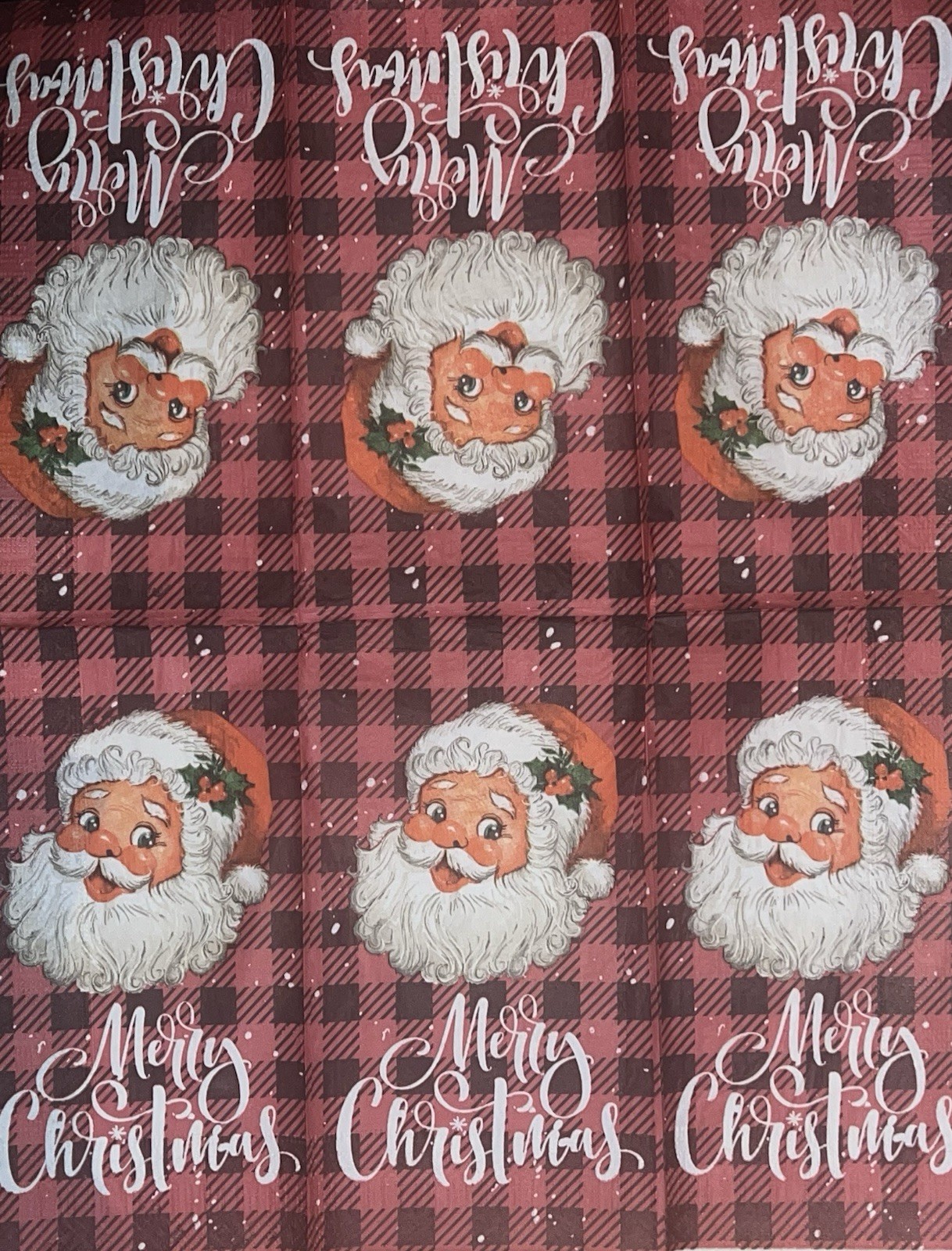 Three Individual paper dinner Decoupage napkin Christmas Santa Checker Red/black