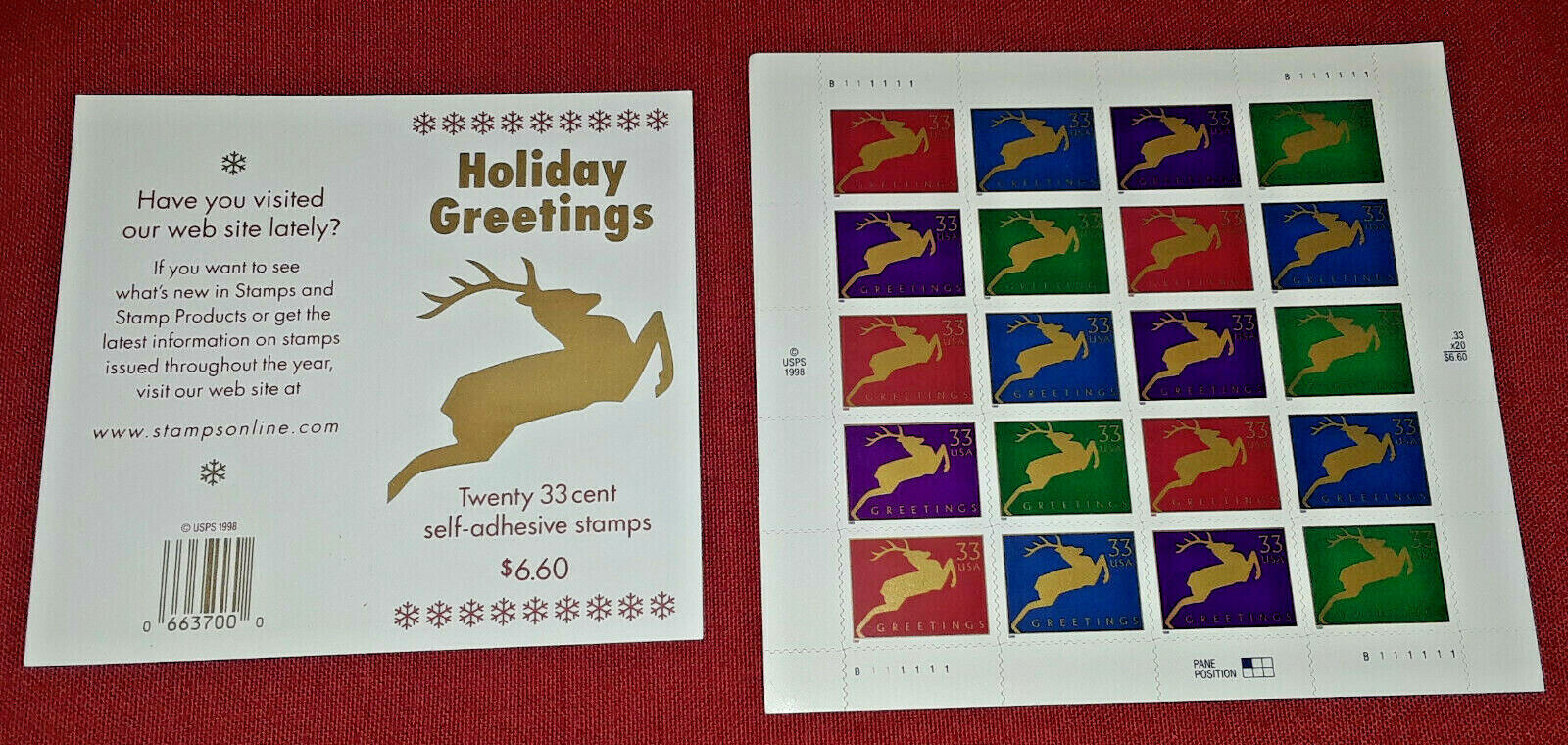 Combo 1 each Pane & Booklet x 20 = 40 Of REINDEER 33¢ US Stamps. USA # 3356-3363