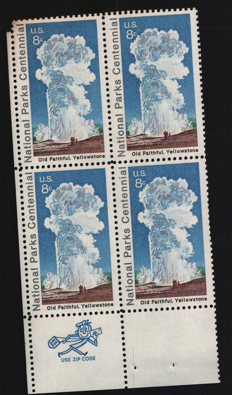 1972 8c National Parks Centennial: Old Faithful Block of Four Scott #1453 ST267