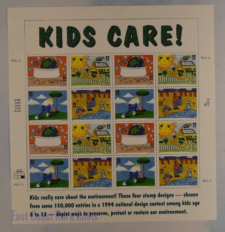 US SCOTT 2951 – 54 PANE OF 16 KIDS CARE 32 CENT FACE MNH