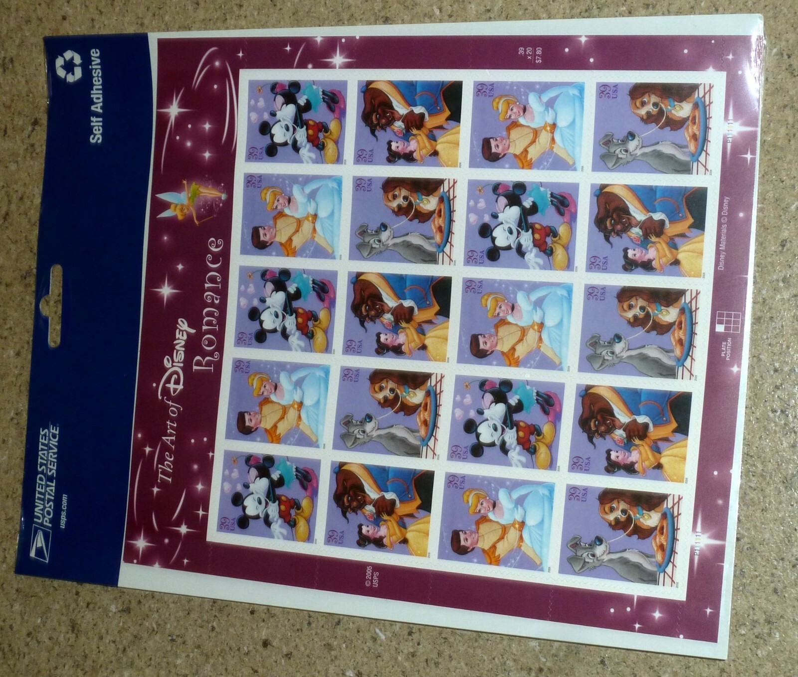 USPS Sealed Sheet of 20 Art of Disney Romance 39¢ Stamps USA Scott 4025-28 Mint