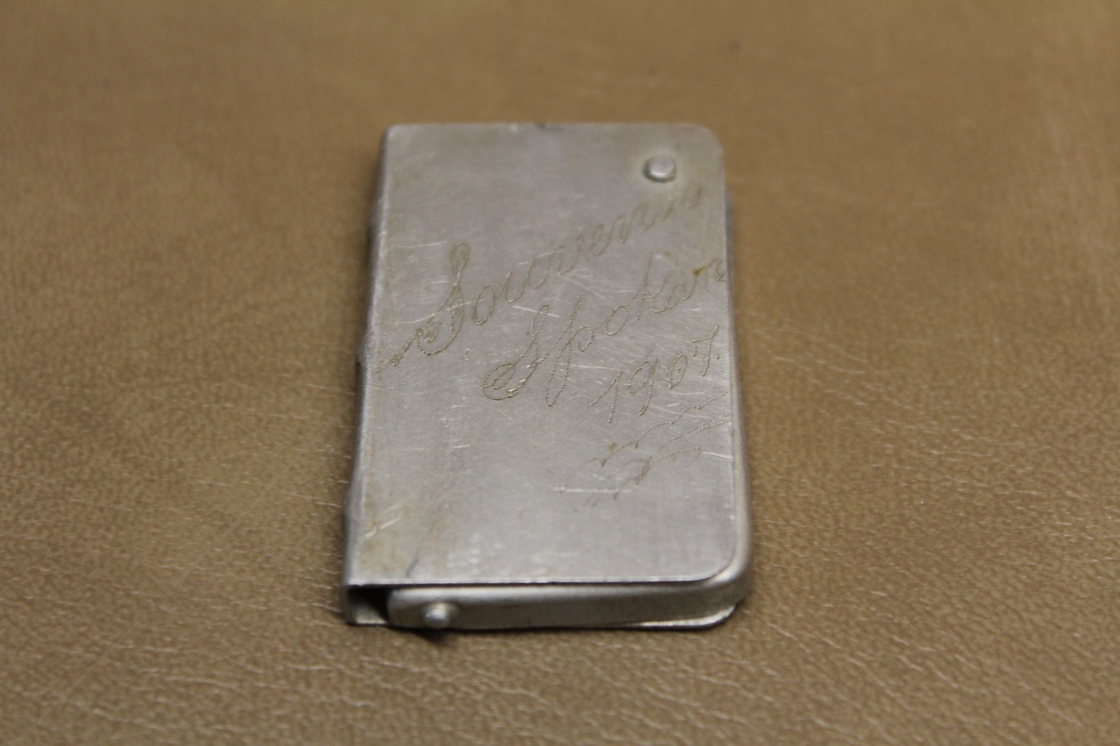 Antique Aluminum Postage Stamp Vesta, Safe, Box Engraved Souvenir Spokain 1907