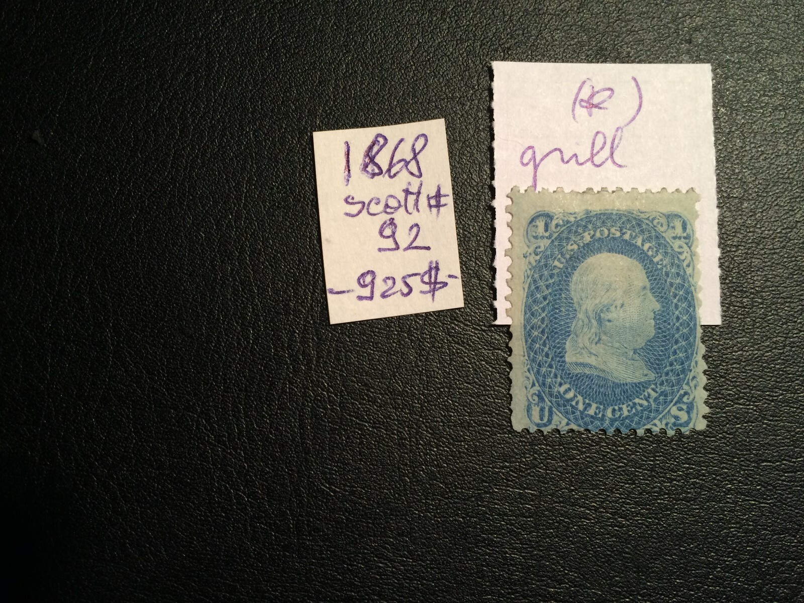 United States stamp 1868 Franklin 1c blue F Grill Scott # 92 MNG High Value
