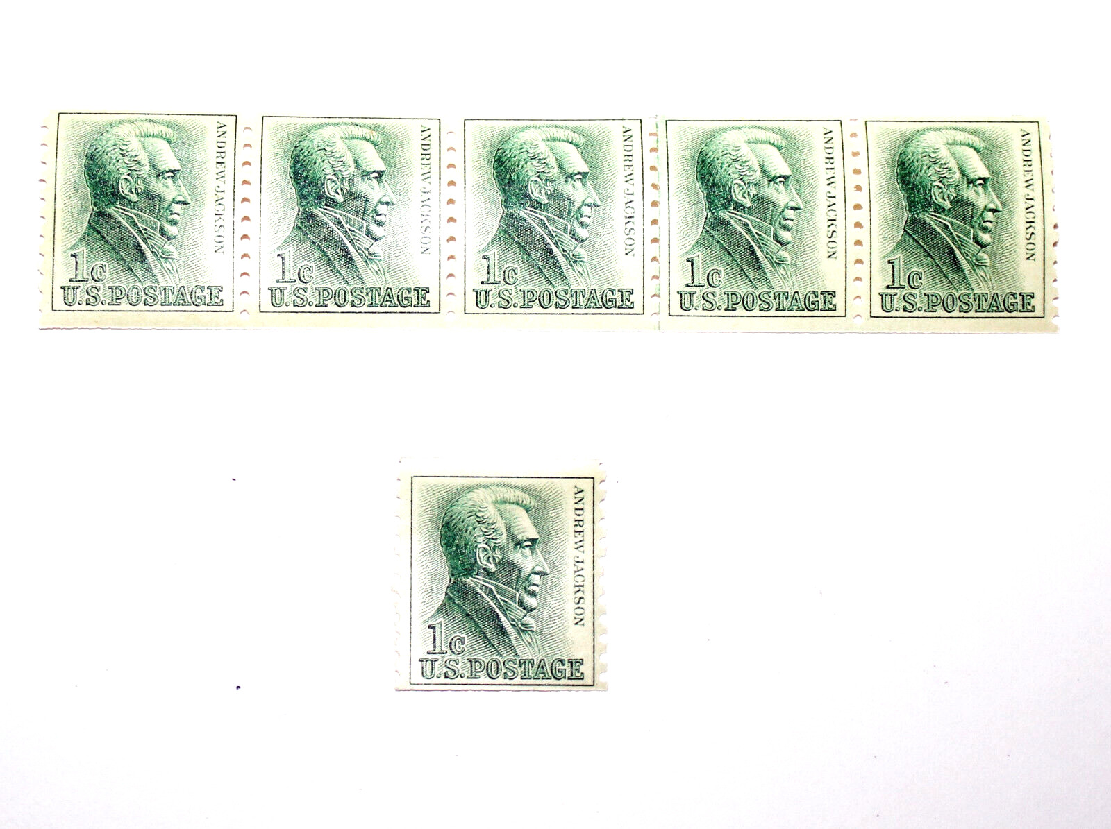Andrew Jackson 1 cent line of 6 stamps from a coil of stamps Green