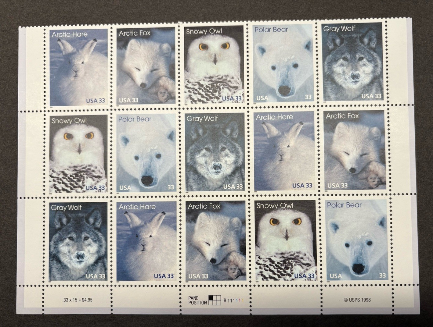 1999 US Scott #3288-92 33c Artic Animals Postage Stamps, MNH Pane of 15