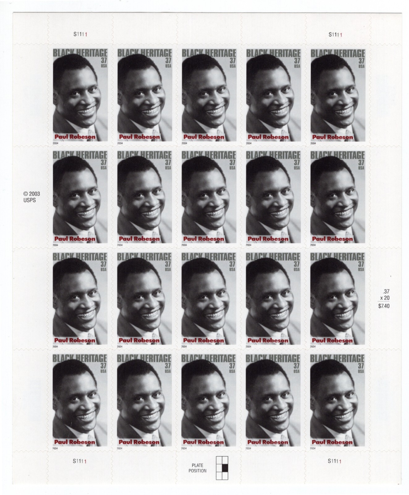US 2003 SC 3834 37c Black Heritage, Paul Robeson, Sheet of 20 MNH Fresh