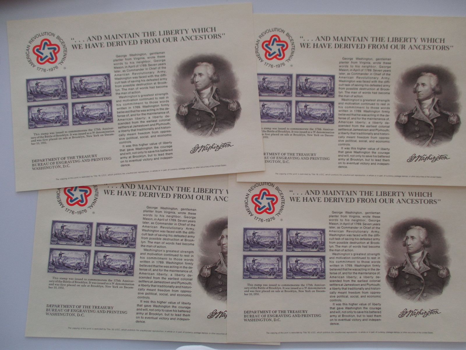 BUREAU OF ENGRAVING & PRINTING – battle of brooklyn STAMP LOT OF 4 SHEETS