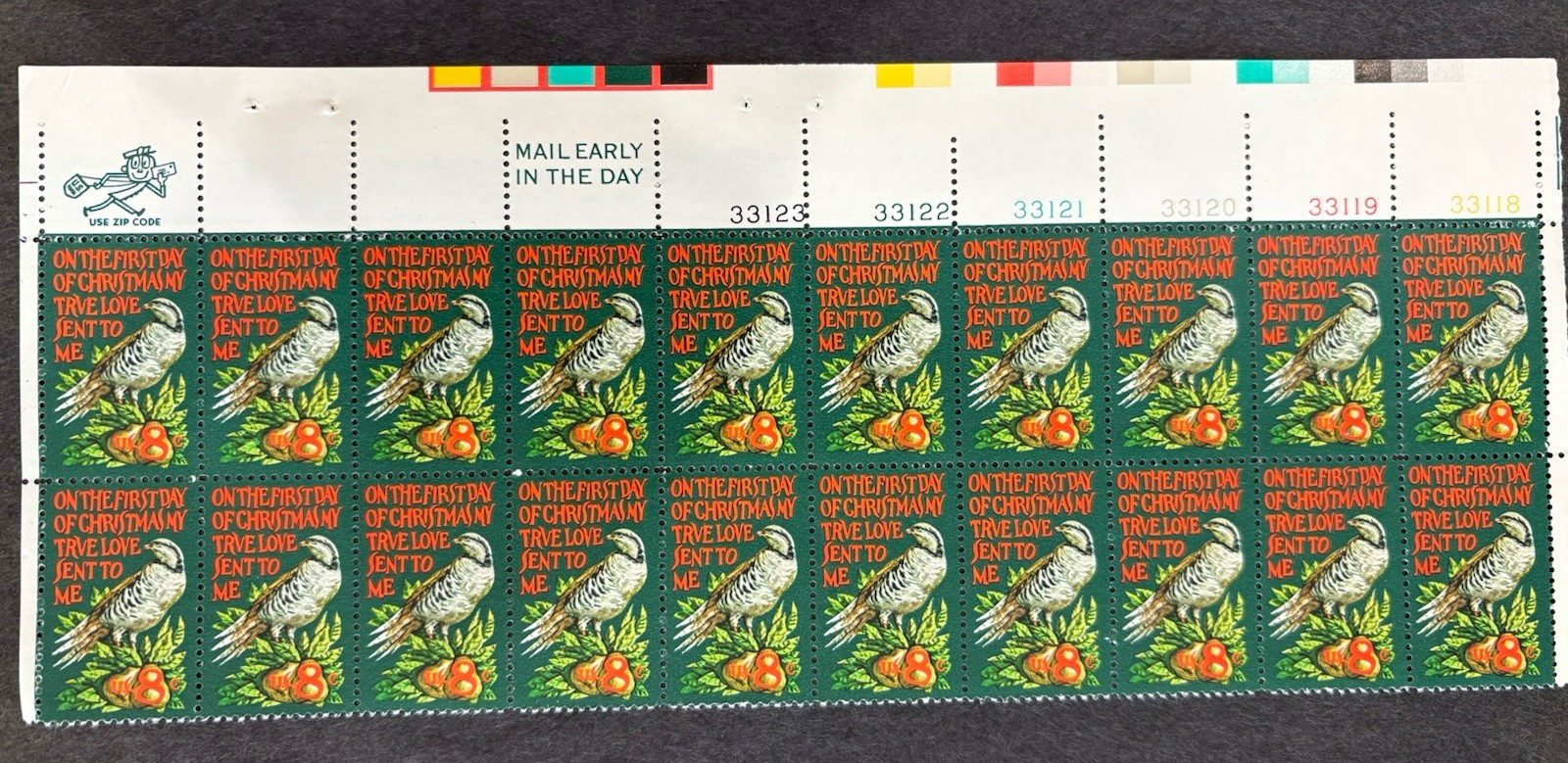 1971 US Scott #1445, 8c Partridge in a Pear Tree Postage Stamps, MNH Block of 20