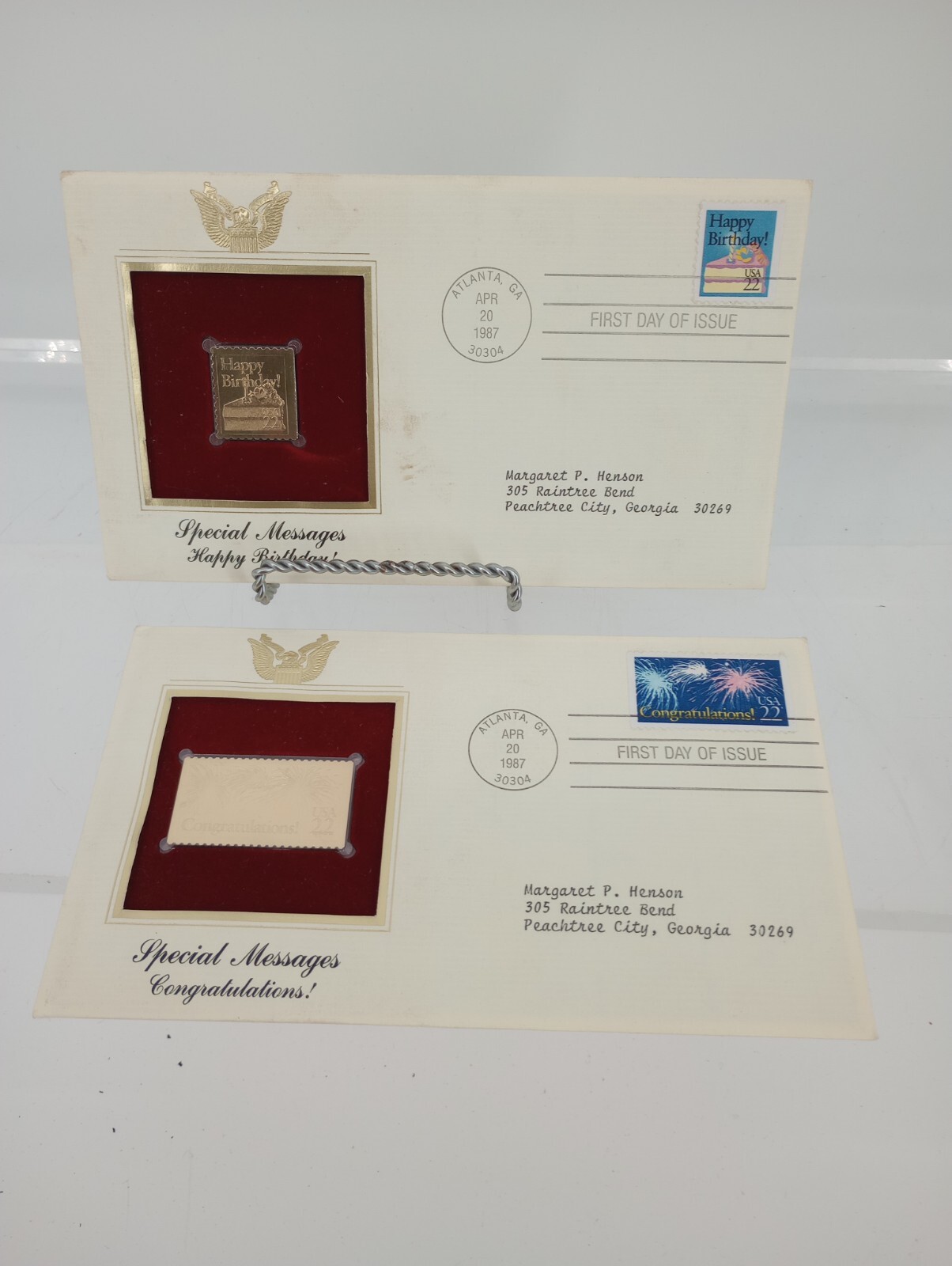 Set Of 2 – Special Messages 1987 FIRST DAY ISSUE 22 CENT STAMP GOLD