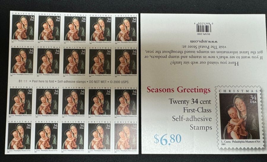 # 3536 Virgin & Child Lorenzo Costa Art US Christmas Stamp pane 2001 USPS .34