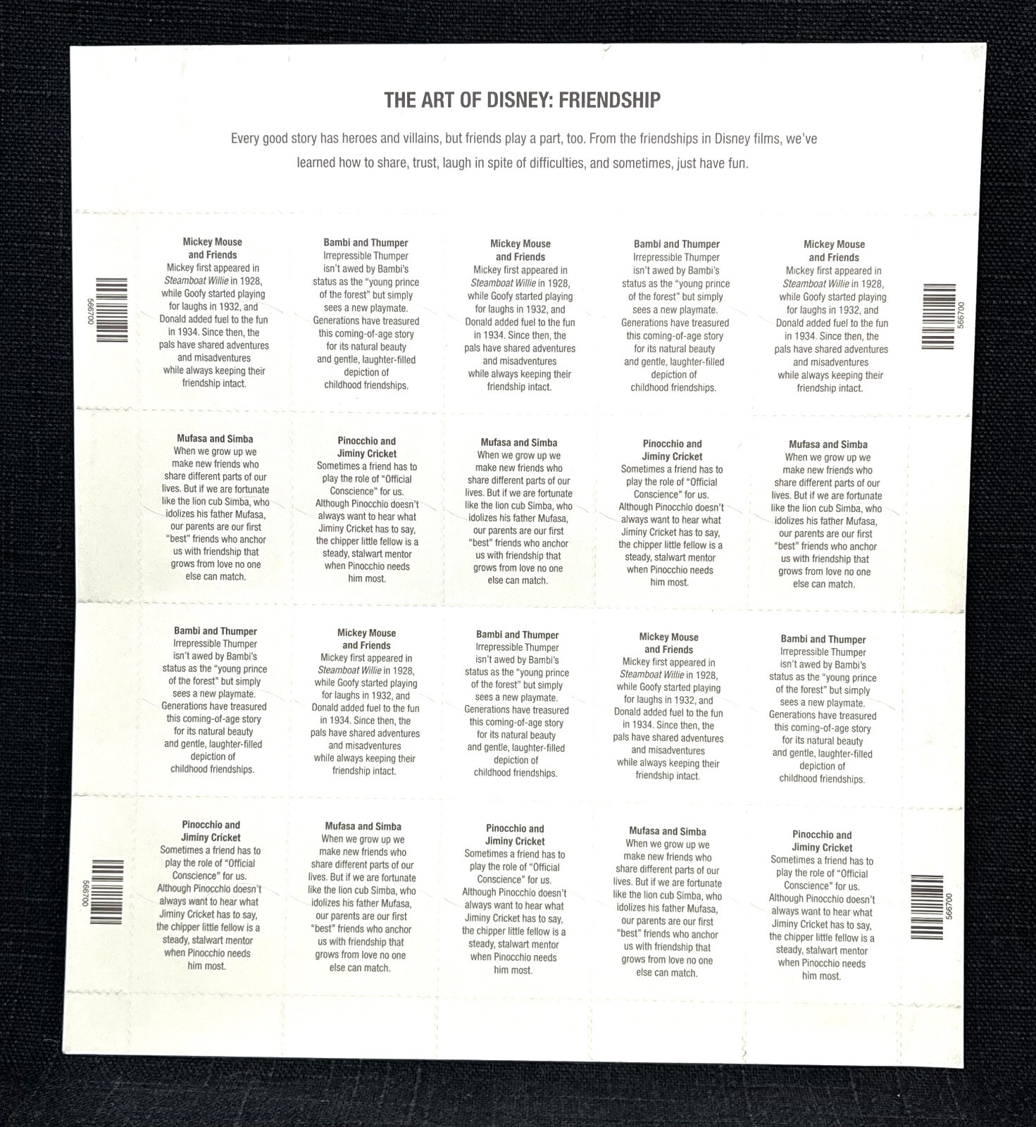 The Art of Disney USPS Stamps Full Set of 5 Dif MINT Sheets Retail Value $120+