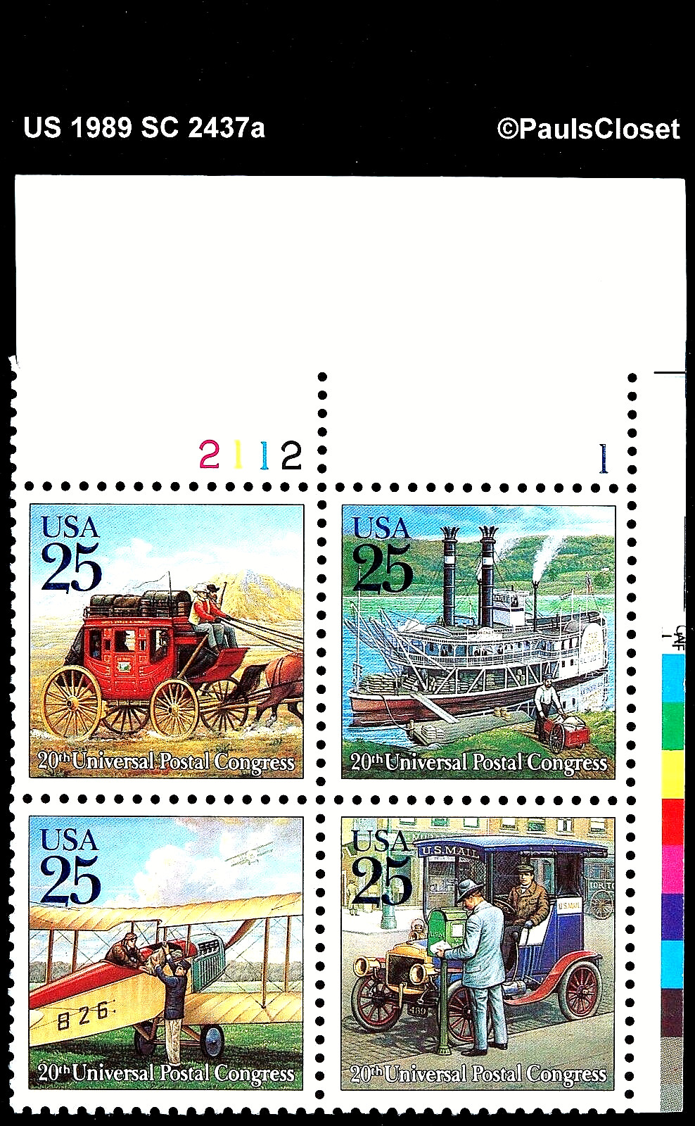 US 1989 SC 2437a 25¢ TRADITIONAL MAIL 20th UPU P# BLK OF 4 MNH OG #1 VF