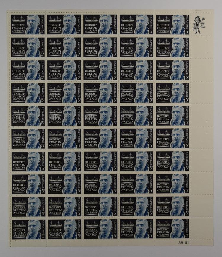 US SCOTT 1270 PANE OF 50 ROBERT FULTON BICENTENNIAL STAMPS 5 CENTS FACE MNH