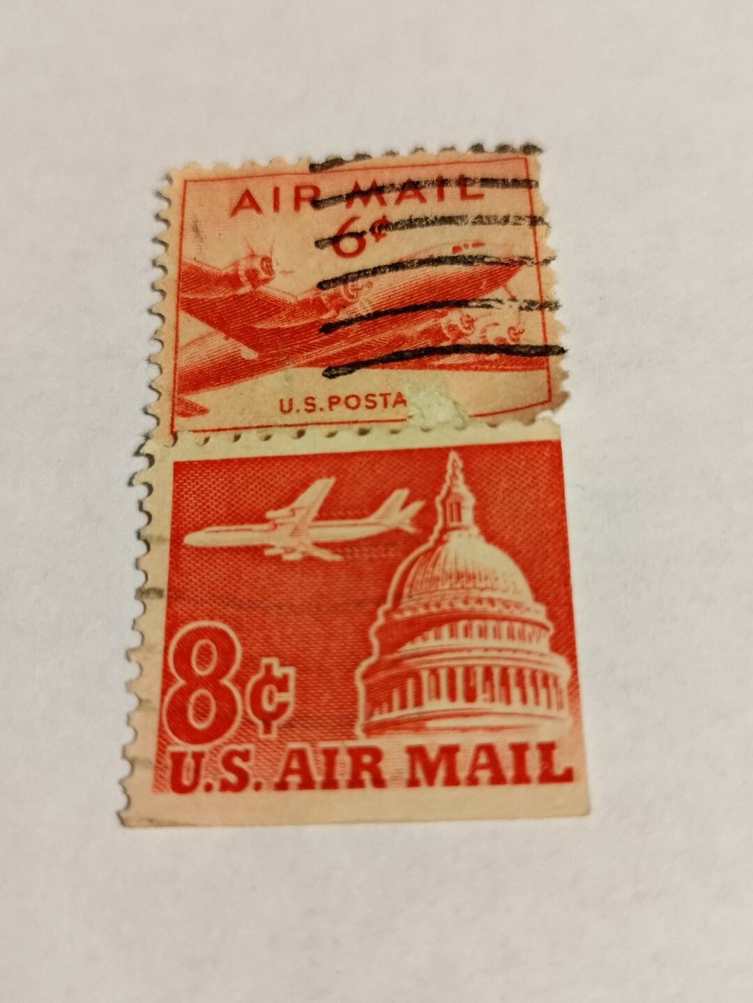 1947 Twin Powered Air Mail Flight 6 cent Red Stamp and 8 cent Red US Capitol