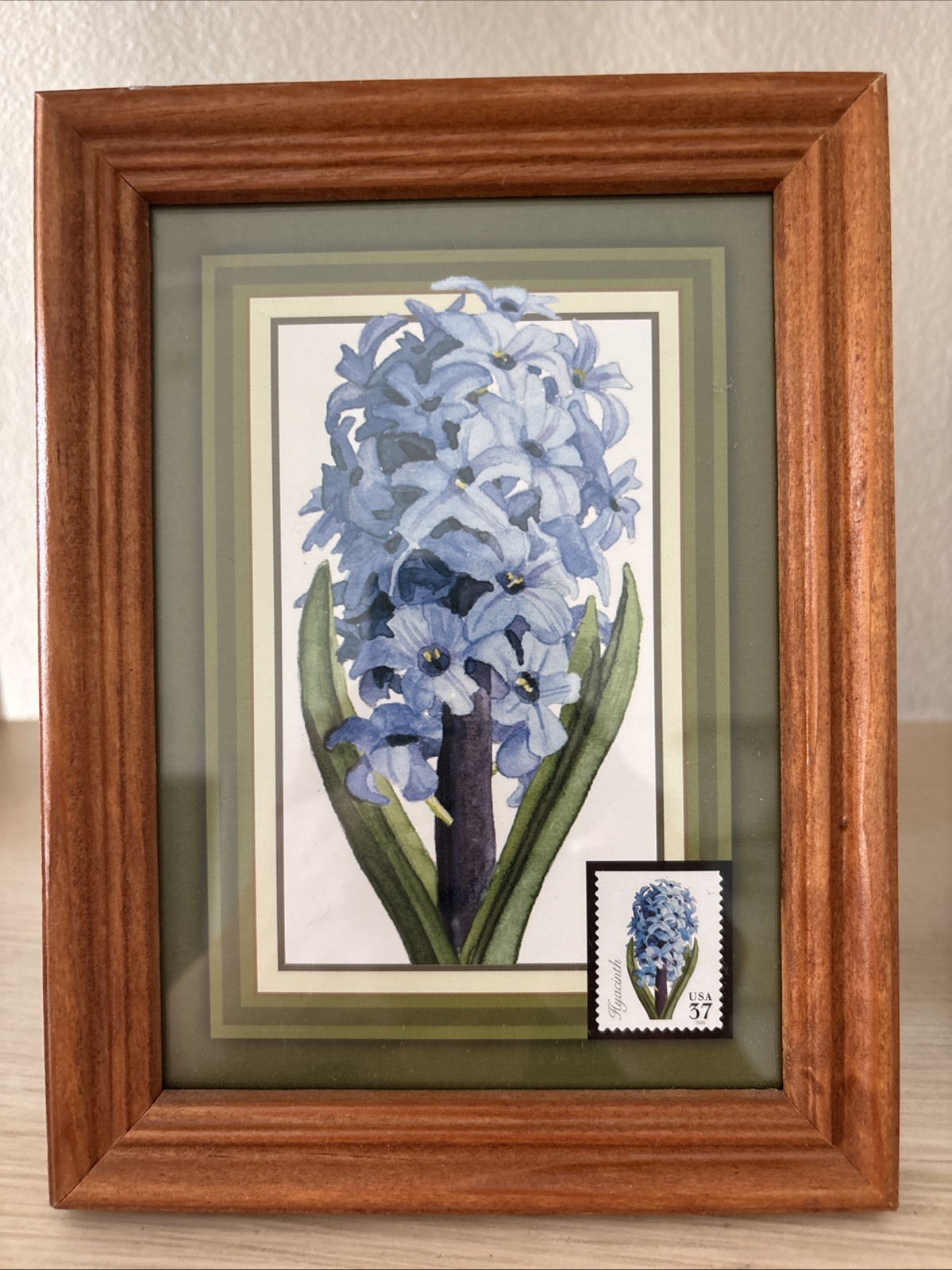 Postal Stamp Art Blue hyacinth and Purple iris 8 X 6 Framed Set Of 2