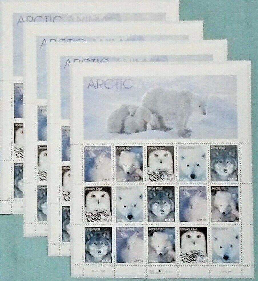 Four Souvenir Sheets x 15 = 60 of ARCTIC ANIMALS 33¢ US Stamps. USA Sc 3288-3292