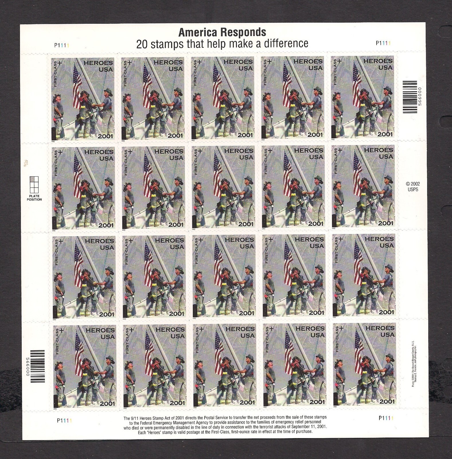 US USA B2 flag 2001 semi Postal sheet pane of 20 MNH