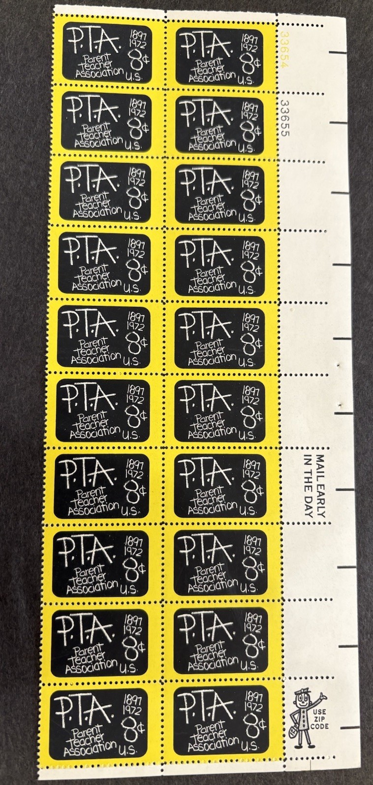 1972 US Scott #1463, 8c Parent Teacher Association (PTA) Stamps, MNH Block of 20