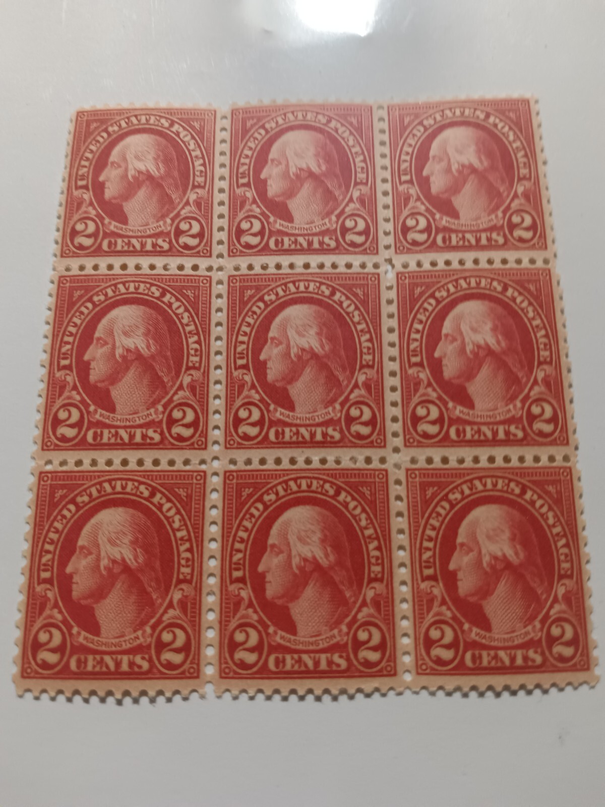 1928 George Washington Carmine, 2 Cent Postage Stamp SC #634 Block Of 9