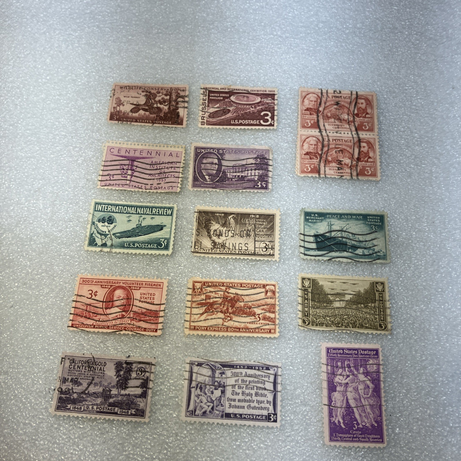15 USED/Cancelled Commemorative 3c 1941-1955 US Stamps. Varied Lot. $1 Ships.