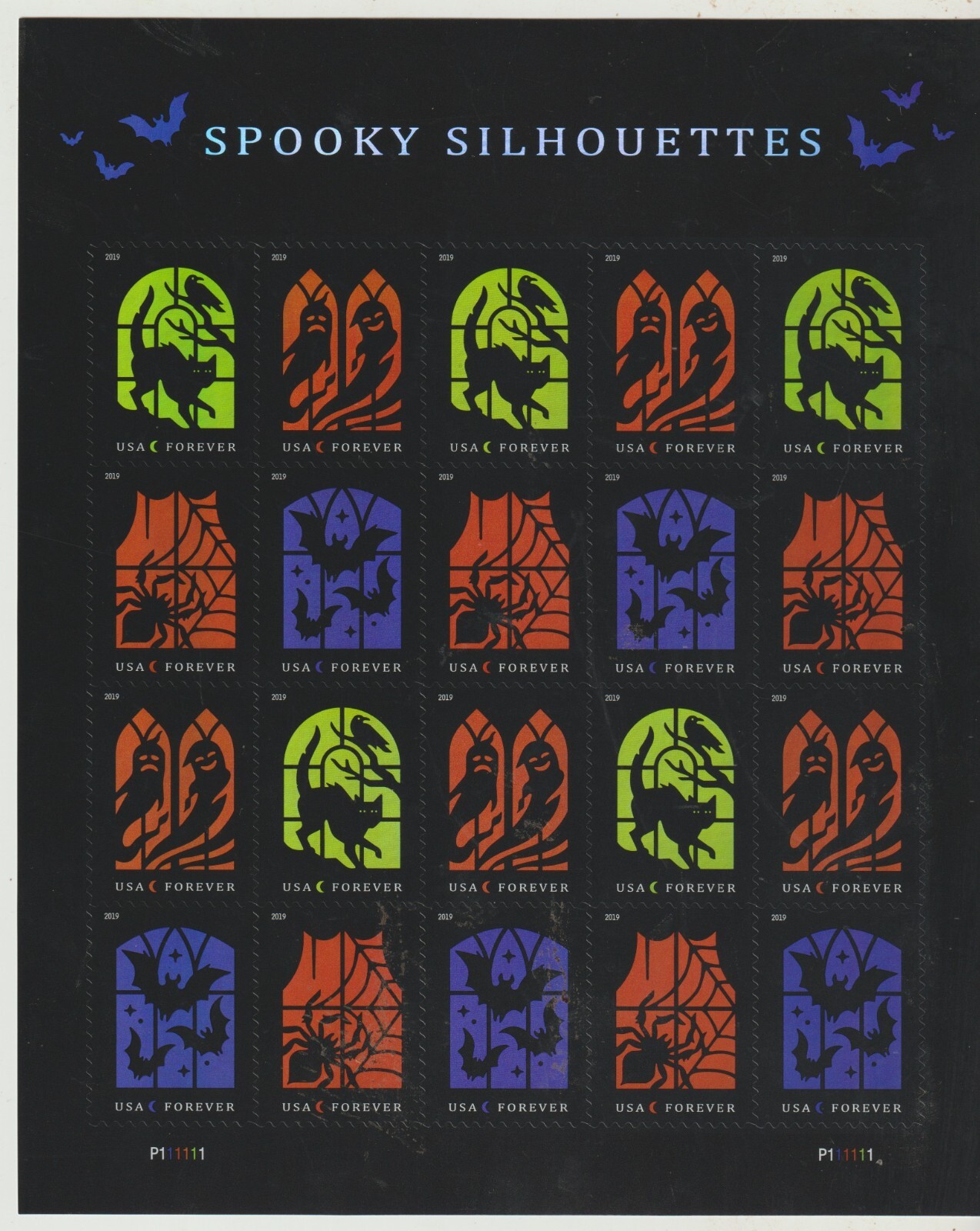 Spooky Silhouettes Sheet of 20 USPS 1st class $0.78 Stamps sent from OKC, OK
